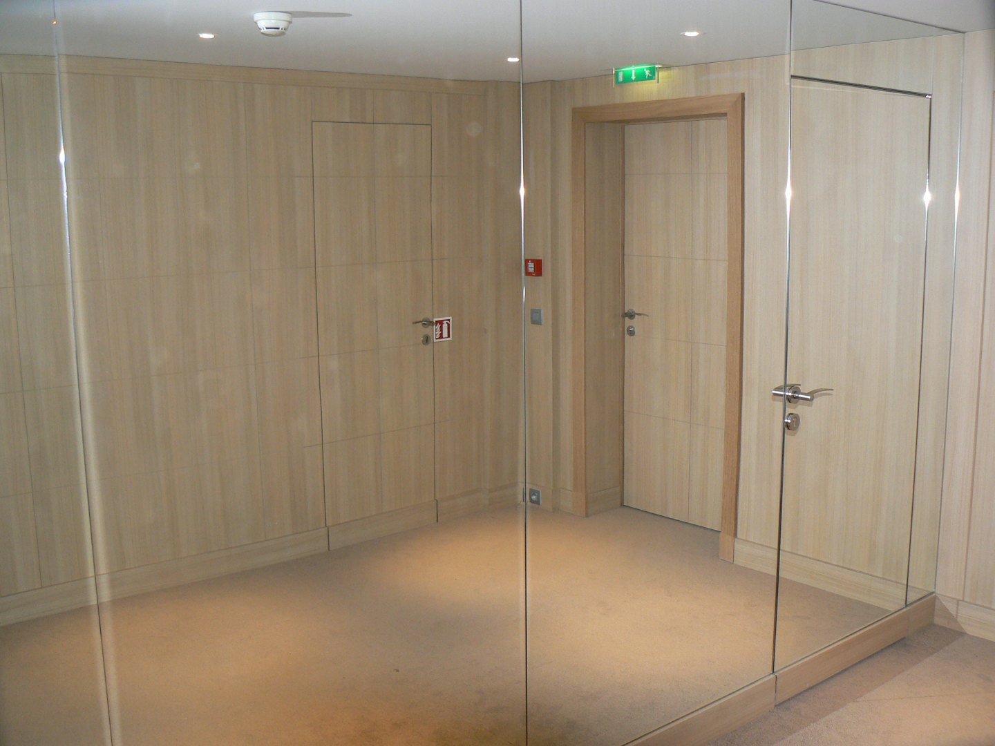 Moderner Flur mit Holzvertäfelung und spiegelnden Glaswänden.